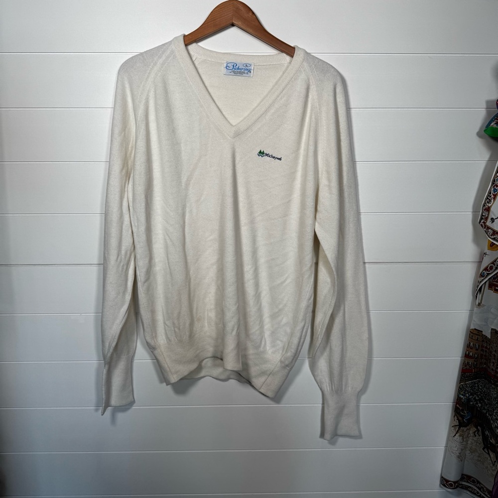 Pickering Men's White Sweater Large Embroidered “Michaywe” Golf Made in USA Vtg